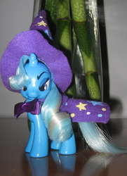 Size: 420x580 | Tagged: safe, artist:dinobutts, trixie, pony, g4, bowtie, brushable, cape, clothes, customized toy, hat, irl, photo, solo, toy, trixie's cape, trixie's hat