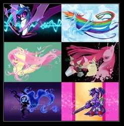 Size: 1000x1017 | Tagged: safe, artist:neofox, dj pon-3, fluttershy, nightmare moon, pinkie pie, rainbow dash, twilight sparkle, vinyl scratch, g4, juliet starling, lollipop chainsaw, pinkamena diane pie