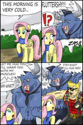 Size: 1891x2847 | Tagged: safe, artist:ciriliko, fluttershy, iron will, human, minotaur, pegasus, pony, g4, comic, creeper, crossover, duke nukem, female, flutternukem, male, ship:ironshy, shipping, straight, zas