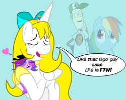 Size: 2405x1914 | Tagged: safe, artist:abigail m., rainbow dash, oc, alicorn, pony, robot, g4, alicorn oc, crossover, heart, littlest pet shop, ogo, princess sunstar, robot and monster, speech bubble, zoe trent