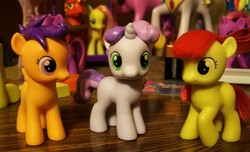 Size: 3111x1887 | Tagged: safe, artist:fullmetalotakudck, apple bloom, scootaloo, sweetie belle, earth pony, pony, g4, brushable, customized toy, irl, photo, toy