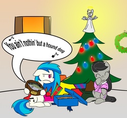 Size: 1041x965 | Tagged: safe, artist:extremeasaur5000, derpy hooves, dj pon-3, octavia melody, vinyl scratch, pegasus, pony, g4, big mouth billy bass, christmas, christmas tree, clothes, female, lesbian, mare, pajamas, present, pun, ship:scratchtavia, shipping, singing bass, tree