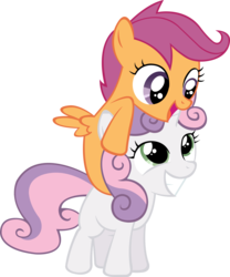 Size: 3896x4680 | Tagged: safe, artist:artpwny, scootaloo, sweetie belle, g4, cute, cutealoo, diasweetes, ponies riding ponies, riding, scootaloo riding sweetie belle, simple background, transparent background, vector