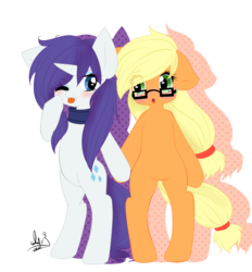 Size: 1280x1380 | Tagged: safe, artist:annette-dreams, applejack, rarity, earth pony, pony, unicorn, g4, bipedal, blushing, clothes, female, glasses, lesbian, scarf, ship:rarijack, shipping, simple background, transparent background