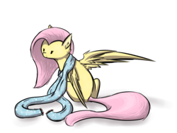 Size: 1200x900 | Tagged: safe, artist:nos-talgia, fluttershy, pony, g4, clothes, female, fluffy, looking back, scarf, simple background, sitting, smiling, solo, spread wings, transparent background