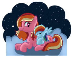 Size: 1065x852 | Tagged: safe, artist:doodlinjaz, feathermay, rainbow dash, g4, cute, duo, female, filly, filly rainbow dash, headcanon, mother, mother and child, mother and daughter, parent and child, younger