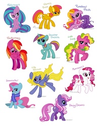 Size: 1000x1249 | Tagged: safe, artist:seagerdy, bumblesweet, daisy dreams, feathermay, flitterheart, lily blossom, lulu luck, plumsweet, rainbow flash (g4), snowcatcher, earth pony, pegasus, pony, unicorn, g4, alternate hairstyle, blushing, bowtie, clothes, cupcake, cute, ear piercing, female, looking at you, looking back, looking down, looking forward, lying down, mare, misspelling, piercing, scarf, simple background, sitting, smiling, tongue out, white background, wide smile
