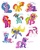 Size: 1000x1249 | Tagged: safe, artist:seagerdy, bumblesweet, daisy dreams, feathermay, flitterheart, lily blossom, lulu luck, plumsweet, rainbow flash (g4), snowcatcher, earth pony, pegasus, pony, unicorn, g4, alternate hairstyle, blushing, bowtie, clothes, cupcake, cute, ear piercing, female, hasbro oc, looking at you, looking back, looking down, looking forward, lying down, mare, misspelling, piercing, scarf, simple background, sitting, smiling, tongue out, white background, wide smile