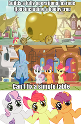 Size: 500x760 | Tagged: safe, edit, edited screencap, screencap, apple bloom, scootaloo, sweetie belle, earth pony, pegasus, pony, unicorn, g4, my little pony: friendship is magic, one bad apple, stare master, caption, comic, cutie mark crusaders, female, filly, hub logo, looking at you, screencap comic, shrug, shrugpony, you had one job