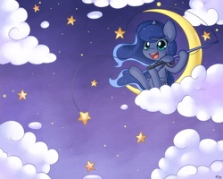 Size: 1280x1024 | Tagged: safe, artist:solar-slash, princess luna, pony, g4, cloud, cloudy, crescent moon, cute, dreamworks, female, fishing, fishing rod, hoof hold, lunabetes, night, open mouth, sitting, sky, smiling, solo, stars, tangible heavenly object
