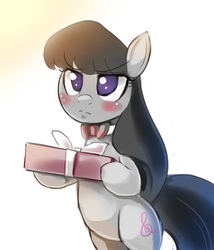 Size: 1500x1750 | Tagged: safe, artist:freedomthai, octavia melody, earth pony, pony, g4, bipedal, blushing, bow, box, female, hair bow, hind legs, legs together, mare, present, simple background, solo, tsundere, tsuntavia, white background
