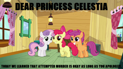 Size: 1280x720 | Tagged: safe, edit, edited screencap, screencap, apple bloom, scootaloo, sweetie belle, g4, caption, clubhouse, crusaders clubhouse, cutie mark crusaders, image macro, meme