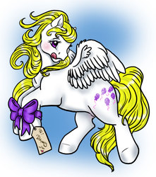 Size: 824x934 | Tagged: dead source, safe, artist:kinked, surprise, pegasus, pony, g1, bow, female, solo, tongue out