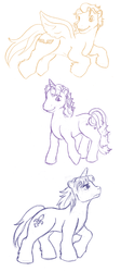 Size: 500x1117 | Tagged: dead source, safe, artist:corsairoriginal, ace, lancer, moondancer (g1), pegasus, pony, unicorn, g1, my little pony tales, female, fetlock tuft, flying, horn, male, mare, older, pegasus ace, sketch, species swap, spread wings, stallion, tail, traditional art, unicorn lancer, wings