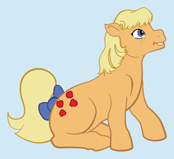 Size: 500x456 | Tagged: dead source, safe, artist:corsairoriginal, applejack (g1), pony, g1, female, silly, silly pony, simple background, sitting, solo