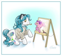 Size: 750x682 | Tagged: safe, artist:penanggalan, oc, oc only, earth pony, pony, g1, 2008, beret, blushing, clothes, creation, drawn into existence, duo, easel, female, gradient background, hat, looking at each other, looking at someone, mare, mouth hold, paint, paint on fur, paintbrush, painting, raised hoof, signature, smock, surprised