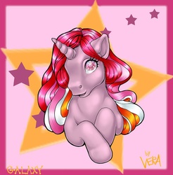 Size: 770x783 | Tagged: safe, artist:penanggalan, galaxy (g1), pony, twinkle eyed pony, unicorn, g1, 2006, abstract background, bust, female, horn, mare, open mouth, open smile, pink background, signature, simple background, smiling, solo, stars