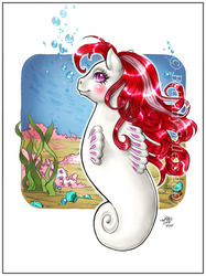 Size: 600x801 | Tagged: safe, artist:penanggalan, sea mist, sea pony, g1, 2007, blushing, bubble, coral, female, fins, flowing mane, looking at you, looking back, looking back at you, mare, obtrusive watermark, ocean, passepartout, seashell, seaweed, signature, smiling, solo, swimming, underwater, water, watermark