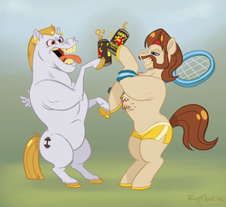 Size: 702x644 | Tagged: safe, artist:spookaboo, ace point, bulk biceps, earth pony, pegasus, pony, g4, duo, energy drink, facial hair, male, manly, moustache, stallion, tennis racket