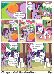 Size: 1200x1650 | Tagged: safe, artist:multitazker, artist:tikyotheenigma, derpy hooves, rarity, spike, twilight sparkle, pegasus, pony, g4, bump, comic, dialogue, female, food, magic, mare, marshmallow, orange, orangified, rarity is a marshmallow, spell, tongue out