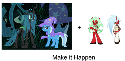 Size: 1952x958 | Tagged: safe, queen chrysalis, trixie, changeling, changeling queen, demon, pony, unicorn, g4, crossover, daemon kneesocks, daemon scanty, exploitable meme, female, make it happen, meta, panty and stocking with garterbelt