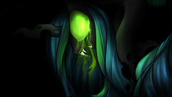 Size: 1200x675 | Tagged: safe, artist:kairaanix, queen chrysalis, changeling, changeling queen, g4, fangs, female, glowing eyes, solo, tongue out