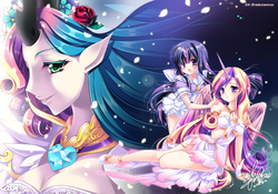 Size: 1392x973 | Tagged: safe, artist:sakuranoruu, princess cadance, queen chrysalis, twilight sparkle, human, a canterlot wedding, g4, anime, clothes, horn, horned humanization, humanized, this day aria, winged humanization