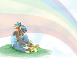 Size: 942x728 | Tagged: safe, artist:pugletz, rainbow dash, human, g4, converse, dressing, female, humanized, solo, winged shoes