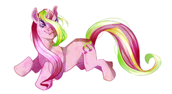 Size: 772x423 | Tagged: safe, artist:flikkerlicht, lulu luck, pony, g4, female, looking at you, lying down, simple background, smiling, solo, white background