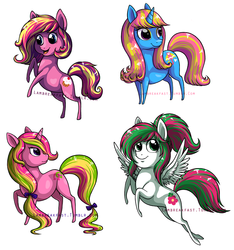 Size: 1458x1556 | Tagged: safe, artist:love-like-nicole, blossomforth, cupcake (g4), dewdrop dazzle, lulu luck, earth pony, pegasus, pony, unicorn, g4, alternate hairstyle, bow, hair bow, horn, looking back, open mouth, ponytail, raised hoof, rearing, simple background, smiling, tail, tail bow, white background