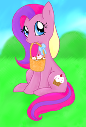 Size: 695x1023 | Tagged: safe, artist:sparkle-puff, cupcake (g4), pony, g4, cupcake, food, mouth hold, needs more saturation, outdoors, sitting, solo