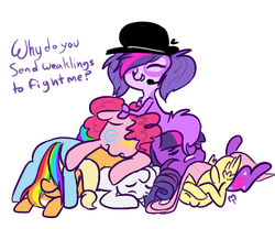 Size: 450x374 | Tagged: safe, artist:mt, applejack, fluttershy, pinkie pie, rainbow dash, rarity, twilight sparkle, pegasus, pony, unicorn, g4, crossover, floppy ears, headset, littlest pet shop, lying down, mane six, on back, pile, pony pile, twilight barkle, unicorn twilight, zoe trent