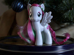 Size: 550x412 | Tagged: safe, artist:phasingirl, blossomforth, pony, g4, brushable, christmas, christmas decoration, christmas ornament, customized toy, decoration, holiday, irl, photo, solo, toy