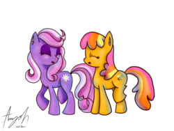 Size: 3648x2736 | Tagged: safe, artist:amy-oh, bumblesweet, daisy dreams, earth pony, pony, g4, blushing, duo, female, mare, walking