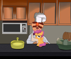 Size: 1024x853 | Tagged: safe, artist:the-riph, scootaloo, g4, kitchen, scootachicken, scootaloo is not amused, swedish chef, the muppets, unamused