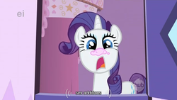 Size: 634x358 | Tagged: safe, screencap, rarity, pony, g4, griffon the brush off, cute, ei, female, hub logo, sneezing, sneezing powder, solo, youtube caption