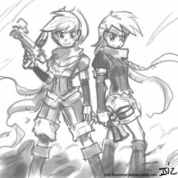 Size: 805x805 | Tagged: safe, artist:johnjoseco, applejack, rainbow dash, human, g4, boktai, django, grayscale, gun del sol, humanized, monochrome, parody, sabata