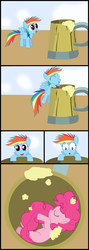 Size: 600x1692 | Tagged: safe, artist:disicut, pinkie pie, rainbow dash, g4, :o, cider, cider mug, comic, cute, dashabetes, diapinkes, eyes closed, eyes on the prize, female, filly, filly pinkie pie, filly rainbow dash, mug, on side, open mouth, sleeping, smiling, starry eyes, tongue out, wide eyes, wingding eyes, younger