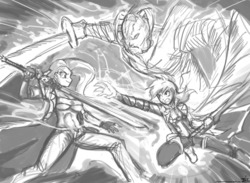 Size: 1100x807 | Tagged: safe, artist:johnjoseco, fluttershy, rainbow dash, human, g4, dante (devil may cry), devil may cry, devil may cry 3, devil may cry 4, grayscale, humanized, monochrome, nero (devil may cry)