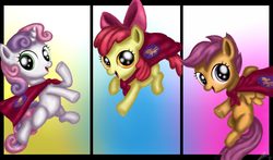 Size: 2800x1650 | Tagged: safe, artist:j-mpn, apple bloom, scootaloo, sweetie belle, g4, cape, clothes, cutie mark crusaders