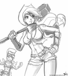 Size: 725x805 | Tagged: safe, artist:johnjoseco, applejack, derpy hooves, human, g4, blacksmith, crossover, grayscale, hammer, humanized, monochrome, ragnarok online, super novice, winged humanization