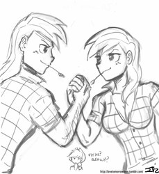 Size: 745x813 | Tagged: safe, artist:johnjoseco, applejack, big macintosh, human, g4, arm wrestling, grayscale, humanized, macareina, monochrome, rule 63, straw in mouth