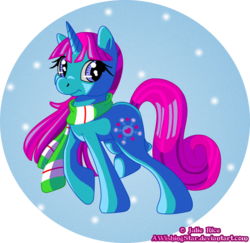 Size: 650x633 | Tagged: safe, artist:relaxn, snowcatcher, pony, unicorn, g4, catcherdorable, circle background, clothes, cute, female, looking at you, mare, raised hoof, scarf, simple background, solo, transparent background