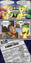 Size: 722x1462 | Tagged: safe, artist:supersheep64, aunt orange, babs seed, princess celestia, uncle orange, alicorn, earth pony, pony, equestria daily, g4, babs' parents, comic, computer, crystal empire, cutie mark crusaders, economics, female, filly, foal, male, mare, newspaper, sap, ship:the oranges, stallion, stock exchange, the oranges are babs' parents