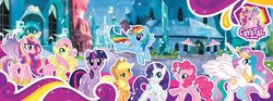 Size: 851x315 | Tagged: safe, applejack, fluttershy, pinkie pie, princess cadance, princess celestia, rainbow dash, rarity, twilight sparkle, alicorn, earth pony, pegasus, pony, unicorn, g4, official, banner, crystal empire, female, horn, mane six, mare, spread wings, unicorn twilight, wings