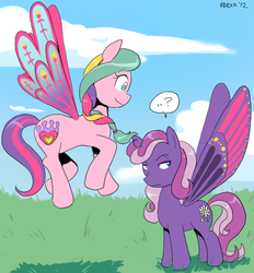 Size: 452x487 | Tagged: safe, artist:general-radix, daisy dreams, ploomette, g4, butterfly wings, colored wings, flying, glimmer wings, gradient wings, purple wings, wings