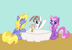 Size: 2000x1400 | Tagged: safe, artist:gearholder, blossomforth, daisy dreams, lily blossom, g4, eyes closed, female, flower, looking back, raised hoof, sitting, sitting on floor, smiling, table, trio, trio female