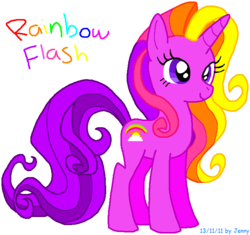 Size: 683x641 | Tagged: safe, artist:heartinarosebud, rainbow flash (g4), pony, unicorn, g4, ambiguous date format, closed mouth, female, mare, needs more saturation, purple eyes, rainbow text, simple background, smiling, solo, standing, text, white background