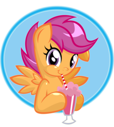 Size: 2000x2234 | Tagged: safe, artist:danmakuman, scootaloo, pegasus, pony, g4, circle background, cute, cutealoo, drinking straw, female, filly, floppy ears, foal, holding, hoof hold, milkshake, solo, spread wings, straw, straw in mouth, wings