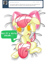 Size: 728x1024 | Tagged: safe, artist:ls820720, apple bloom, pony, robot, robot pony, ask apple bloom bot, g4, apple bloom bot, ask, bed, covering, dialogue, embarrassed, glowing eyes, on back, speech bubble, tail covering, tumblr